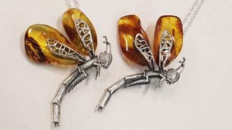 Sterling Silver Chunky Amber Dragonfly Pendant on Sterling Silver Necklace
