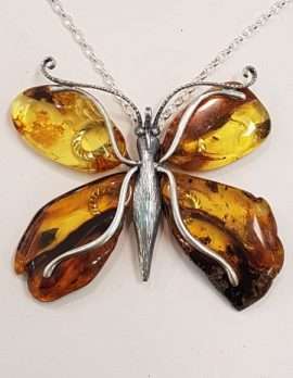 Sterling Silver Chunky Amber Butterfly Pendant on Sterling Silver Necklace