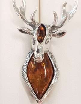 Sterling Silver Amber Stag Head Brooch