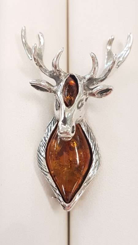 Sterling Silver Amber Stag Head Brooch