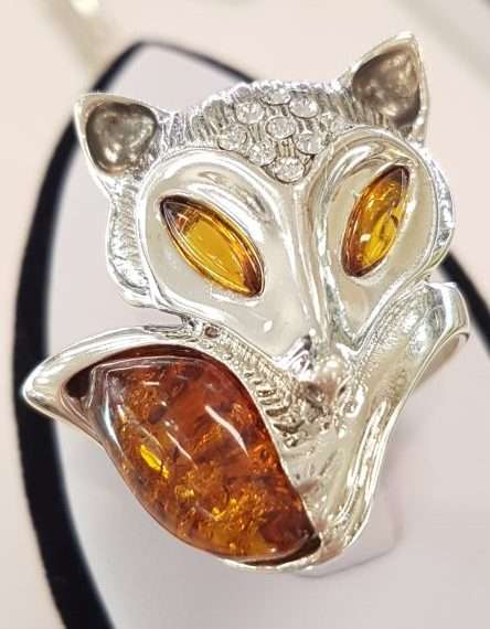 Sterling Silver Large Natural Baltic Amber and Cubic Ziroconia Fox Ring