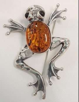 Sterling Silver Large Amber Frog Brooch - Available in Brown, Butter and Green Amber