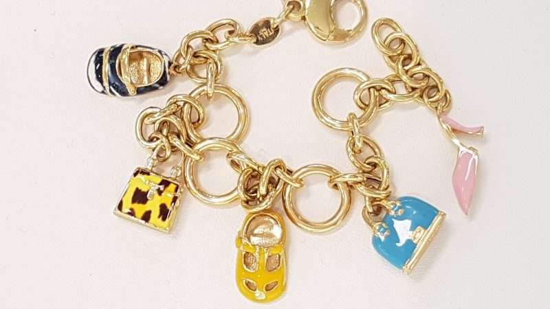 20191019_132301 Solid 18ct Yellow Gold Enamel Handbag and Shoe Charm " Shopping " Bracelet - Heavy
