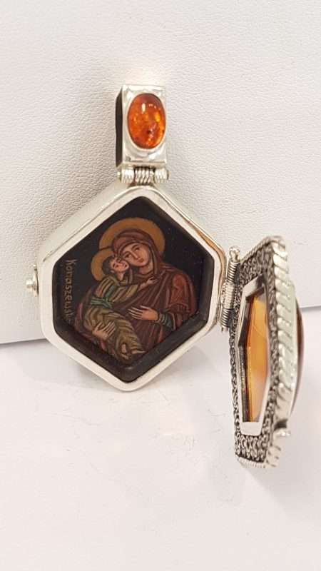 Exquisite Sterling Silver Amber Icon – Handpainted by Polish Artist under a Magnifying Glass - on Beautiful Long Sterling Silver Chain