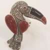 Sterling Silver Large Toucan Ring with Marcasite, Onyx and Carnelian
