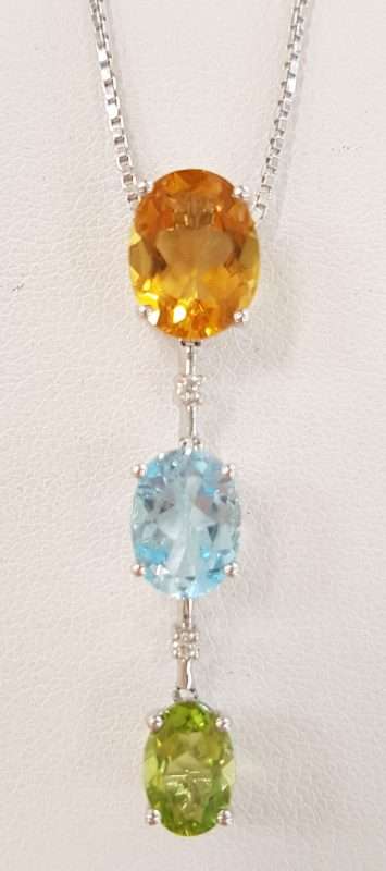 9ct White Gold Topaz, Citrine, Peridot and Diamond Pendant on 9ct Chain