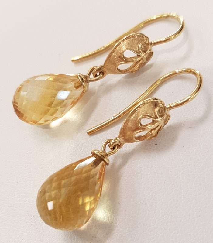 14ct Gold Ornate Tear Drop Citrine Earrings