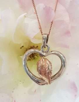 Sterling Silver and 9ct Rose Gold Leaf in Heart Pendant on Chain