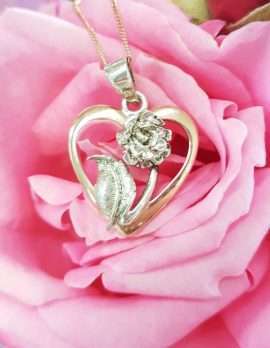 Sterling Silver and 9ct Rose Gold Rose in Heart Pendant on Chain