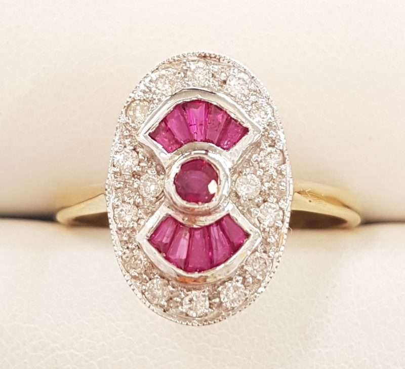 9ct Yellow Gold Natural Ruby and Diamond Ring - Oval - Art Deco Style