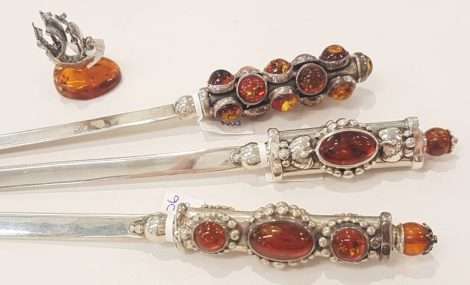 Sterling Silver Amber Items - Letter Openers and Unusual Figurines