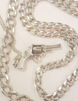 Sterling Silver Heavy Curb Link Necklace, Bracelet as well as a Sterling Silver Revolver / Gun Pendant on Chain