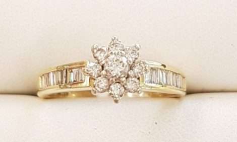 18ct Gold Diamond Daisy with Baguette Shoulders Engagement Ring