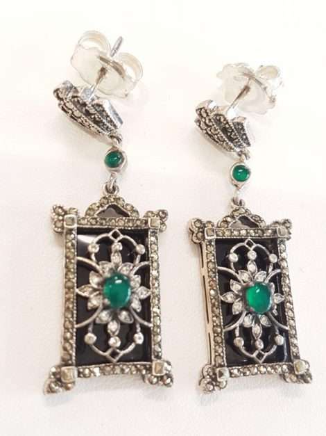 Sterling Silver Marcasite, Onyx and Green Agate Drop Earrings