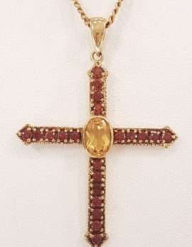 9ct Gold Garnet & Citrine Cross / Crusifix Pendant on 9ct Chain