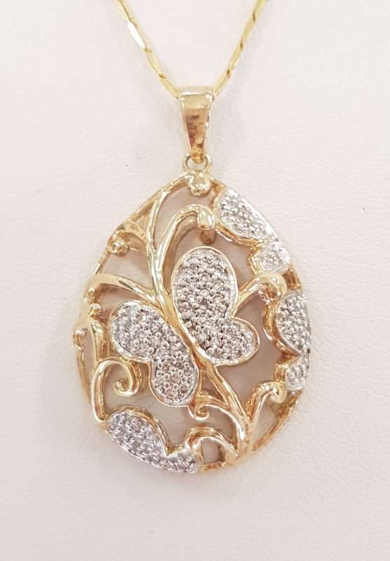 20191215_222922 9ct Yellow Gold Large Ornate Butterfly Teardrop / Pear Shape Pendant set with Diamonds on 9ct Chain