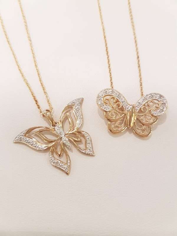 9ct Gold Ornate Diamond Butterfly Pendants on 9ct Gold Chains