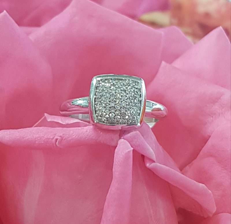 10ct White Gold Diamond Pave Set Square Ring