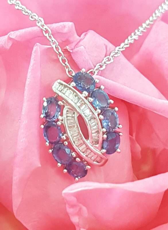 9ct White Gold Sapphire and Diamond Pendant on 9ct Chain