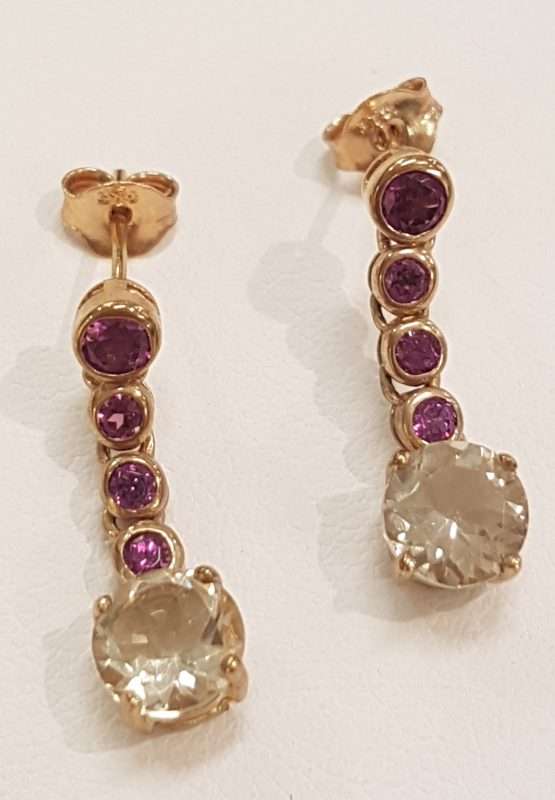 9ct Gold Rhodolite Garnet and Lemon Citrine Drop Earrings