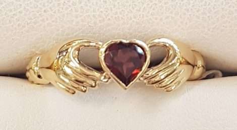 9ct Gold Garnet Heart held in Hands Ring - Claddagh