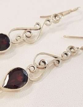 Sterling Silver Garnet Drop Earrings - Ornate