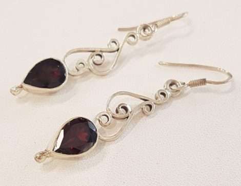 Sterling Silver Garnet Drop Earrings - Ornate