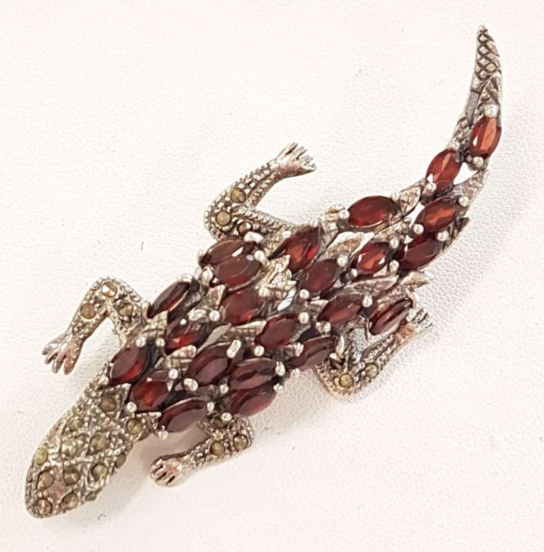 Sterling Silver Marcasite and Garnet Large Brooch - Lizard