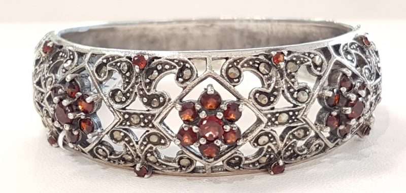 20200122_174430 Sterling Silver Marcasite and Garnet Ornate Wide Bangle