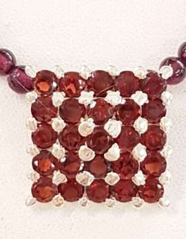 Sterling Silver Square Garnet Pendant on Garnet Bead Necklace