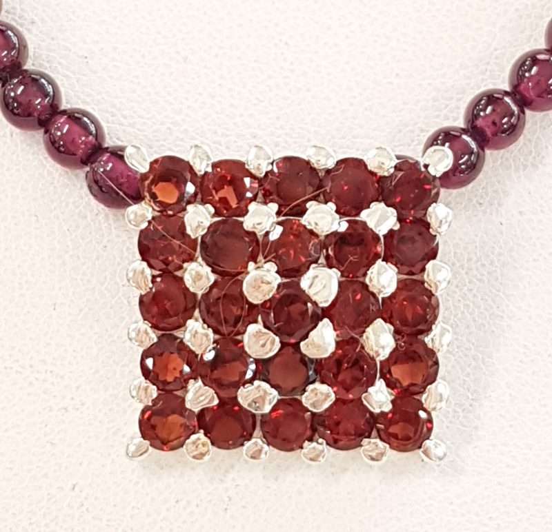 20200122_174702 Sterling Silver Square Garnet Pendant on Garnet Bead Necklace
