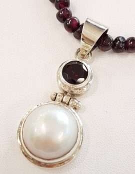 Sterling Silver Garnet and Pearl Pendant on Garnet Bead Necklace
