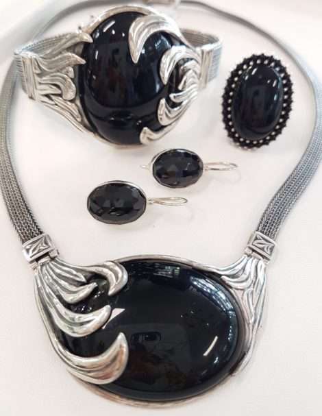 Sterling Silver Large Onyx Necklace, Bracelet, Ring and Earrings - Each sold separately