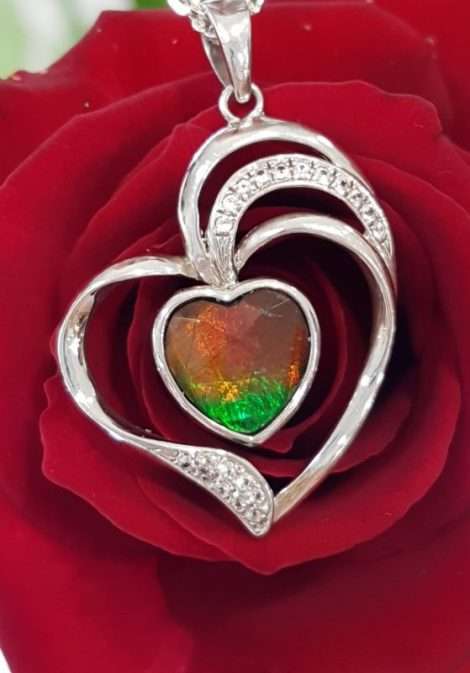 Sterling Silver Ammolite and CZ Heart Pendant on Chain