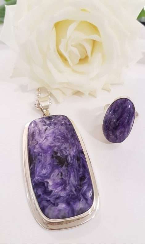 Sterling Silver Large Charoite Pendant on Sterling Silver Chain & Ring - Items Sold Separately