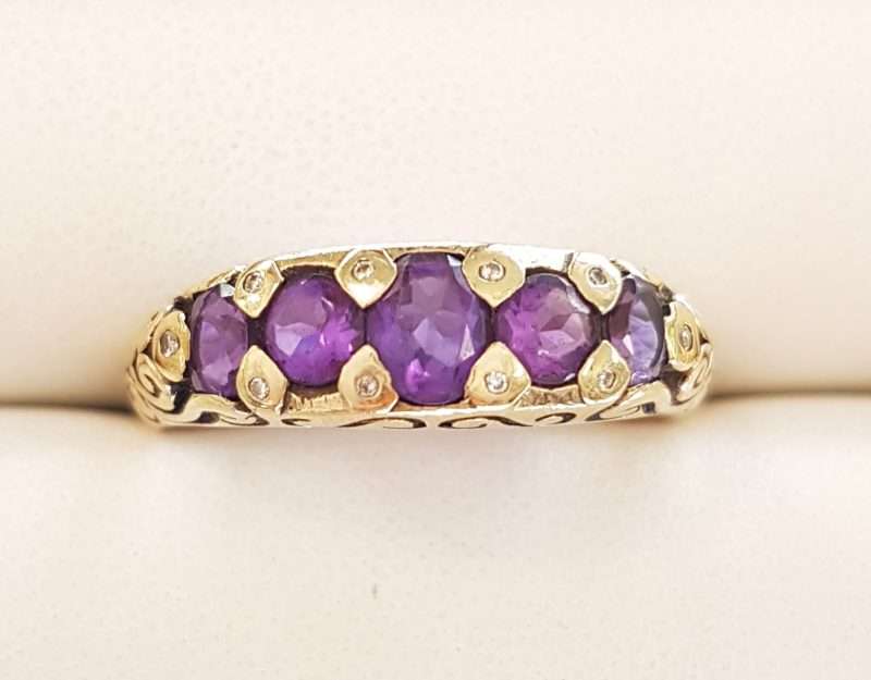 9ct Yellow Gold Amethyst and Diamond Ornate Bridge Set Ring