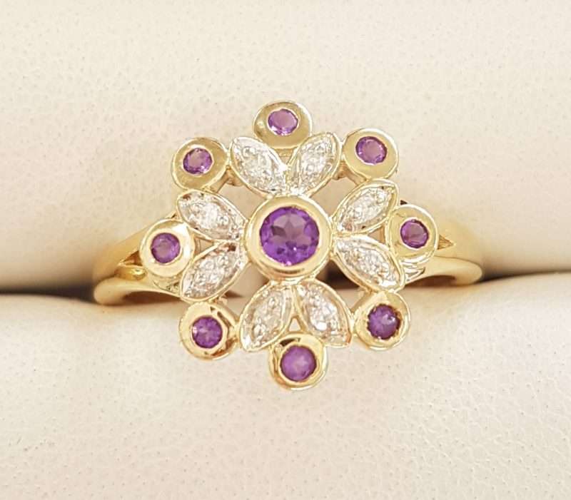 20200221_173434 9ct Yellow Gold Amethyst and Diamond Cluster Ring - Snowflake / Flower
