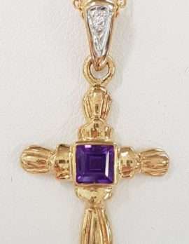 9ct Gold Amethyst and Diamond Crusifix / Cross Pendant on 9ct Chain