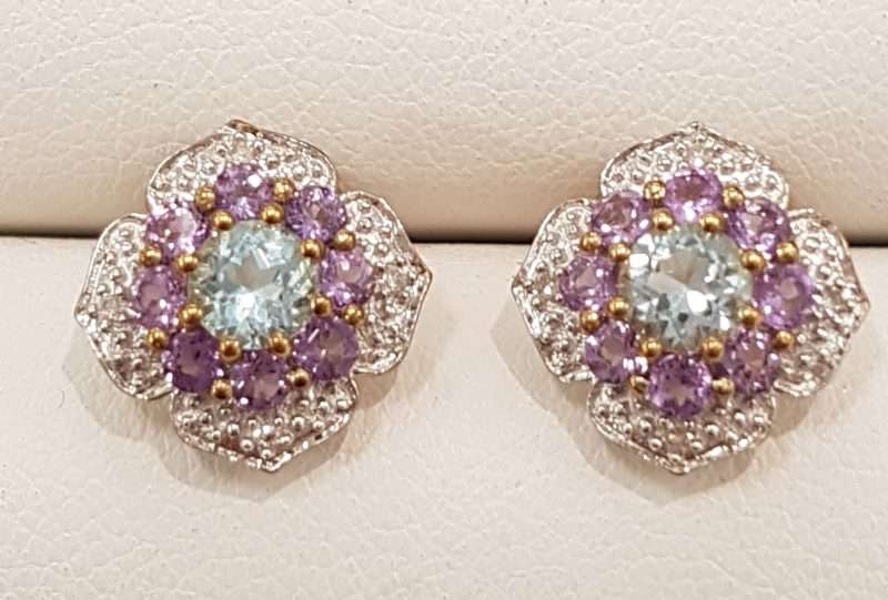 9ct Yellow Gold Amethyst, Topaz and Diamond Cluster Studs / Earrings 9ct Yellow Gold Amethyst, Topaz and Diamond Cluster Studs / Earrings