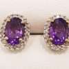 9ct Yellow Gold Amethyst and Diamond Oval Cluster Stud Earrings