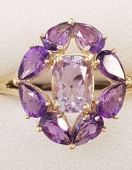9ct Yellow Gold Large Unusual Oval Cluster Amethyst Ring