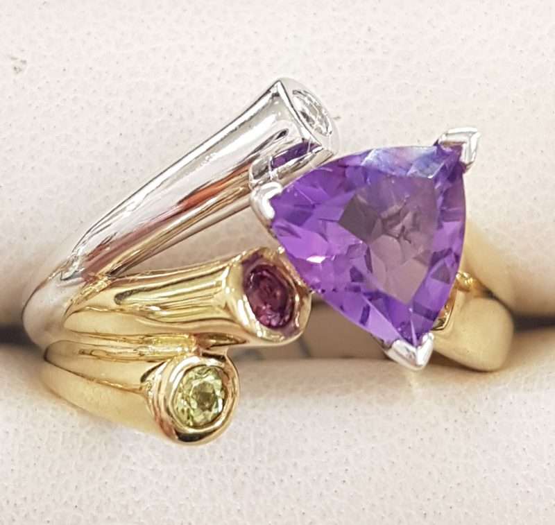 9ct Yellow Gold Unique Amethyst, Peridot, Rhodolite Garnet and Diamond Ring