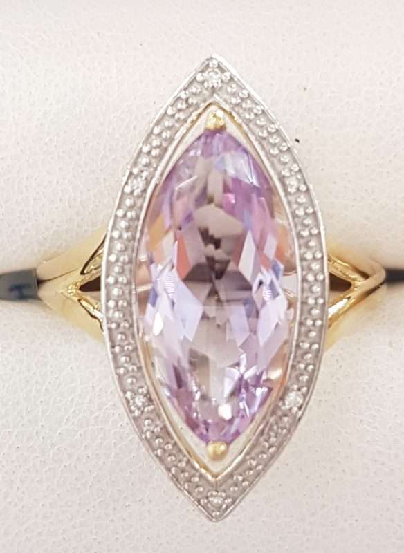 9ct Yellow Gold Large Amethyst and Diamond Marquis Shape Cluster Ring