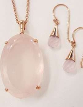 9ct Gold Rose Quartz Large Oval Pendant on Chain and Faceted Drop Earrings - Sold Separately