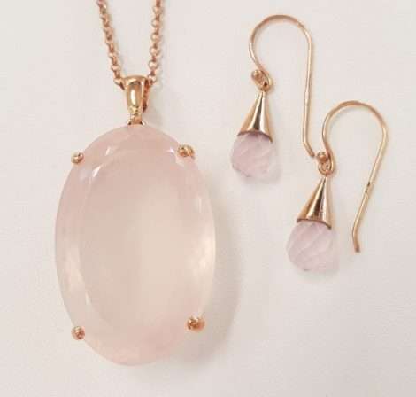 9ct Gold Rose Quartz Large Oval Pendant on Chain and Faceted Drop Earrings - Sold Separately