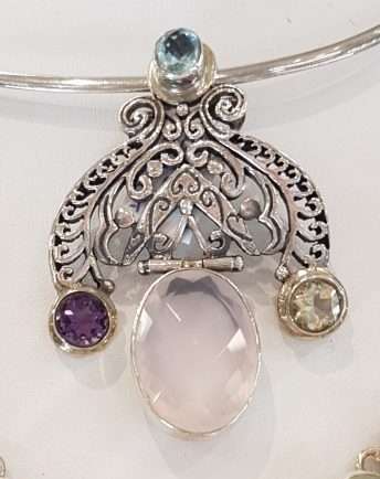 Sterling Silver Rose Quartz , Citrine, Amethyst and Topaz Pendant on Choker