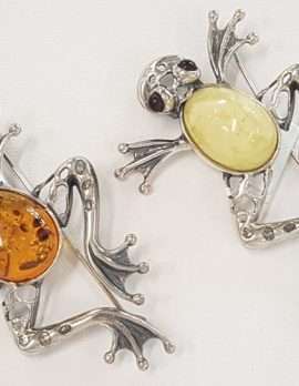 Sterling Silver Amber Frog Brooches - Available in Brown and Butter Amber