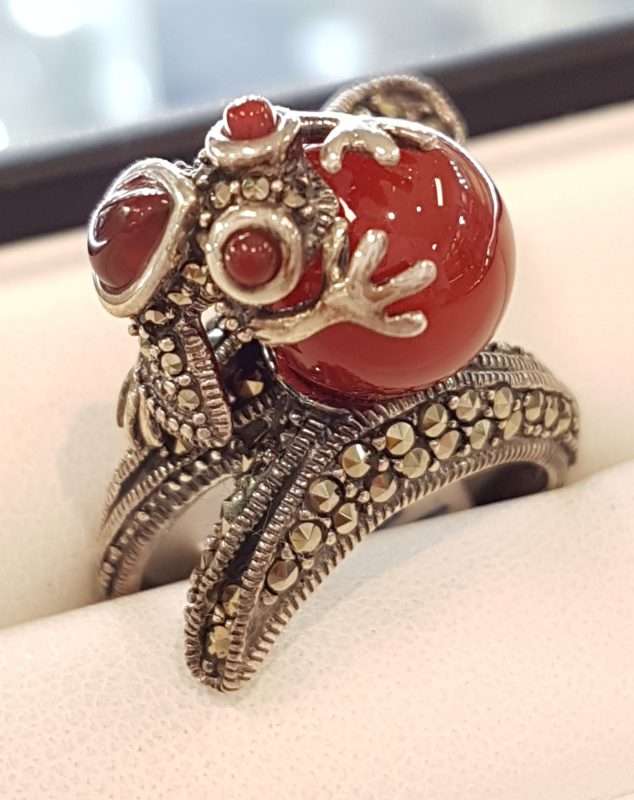 Sterling Silver Frog Ring - Carnelian and Marcasite