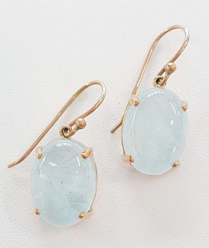 9ct Gold Aquamarine Cabochon Oval Drop Earrings