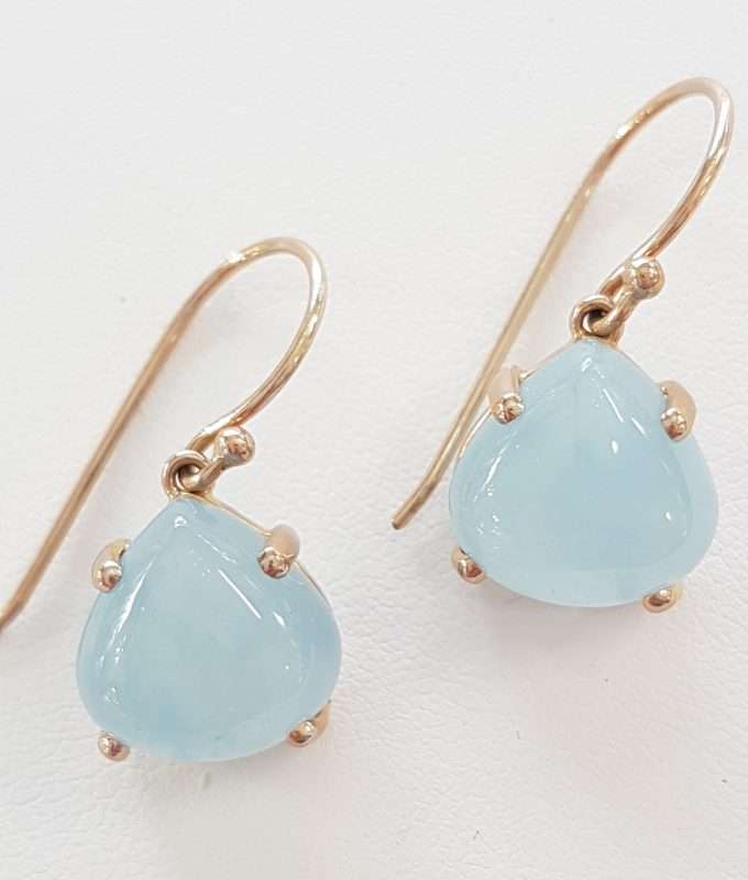 9ct Gold Aquamarine Cabochon Teardrop Drop Earrings